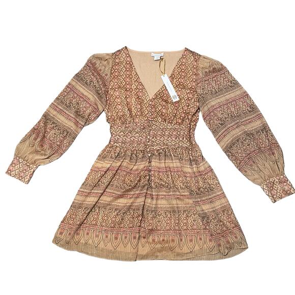 NEW House of Harlow 1960 x Shona Joy Smocked V-Neck Mini Dress Pink Tan Medium - Picture 1 of 11